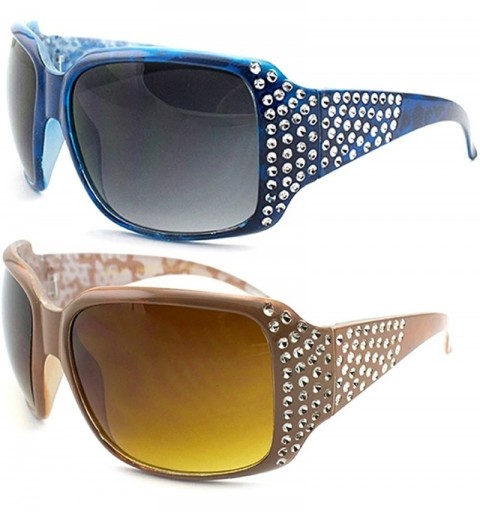 Round Women's Comfortable Beautiful Blingbling Oversized Fashion Sunglasses - 2 Pack Blue & Tan - CL183AYNEZ8 $11.85