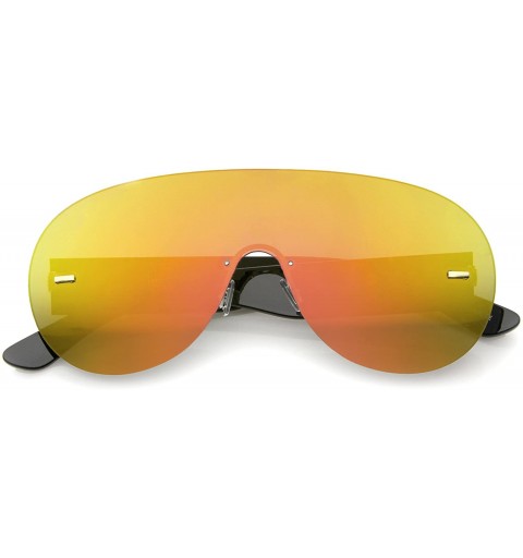 Shield Futuristic Rimless Frame Mono Lens Aviator Shield Sunglasses 71mm - Black / Orange Mirror - CM12JP6GUTL $23.47