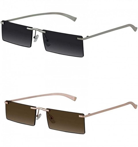 Rectangular Rectangle Rimless Metal Frame Retro Sunglasses Fashion Men Women Glasses - 2 Pack Silver/Black and Brown - C6197E...