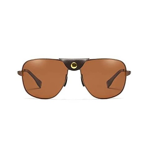 Aviator Bold Statement Large Square Sunglasses for Men Polarized Lenses Leather Shield - Brown - CO18TS2TGOS $45.00