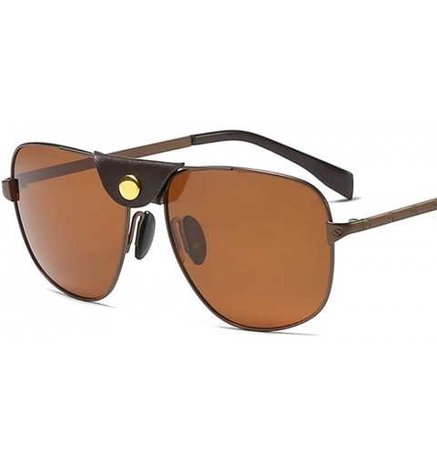 Aviator Bold Statement Large Square Sunglasses for Men Polarized Lenses Leather Shield - Brown - CO18TS2TGOS $18.23
