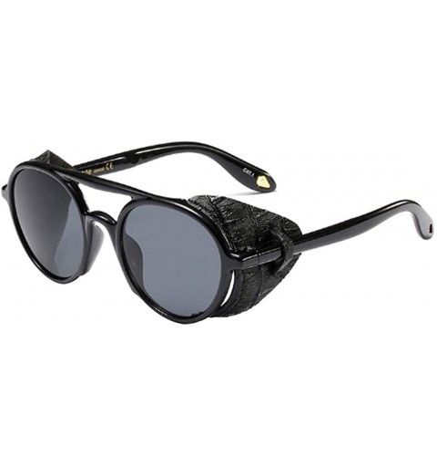 Round Women's Retro Classic Round Plastic Frame Sunglasses With Leather - Bright Black Gray - CN18W5EUYKW $28.87
