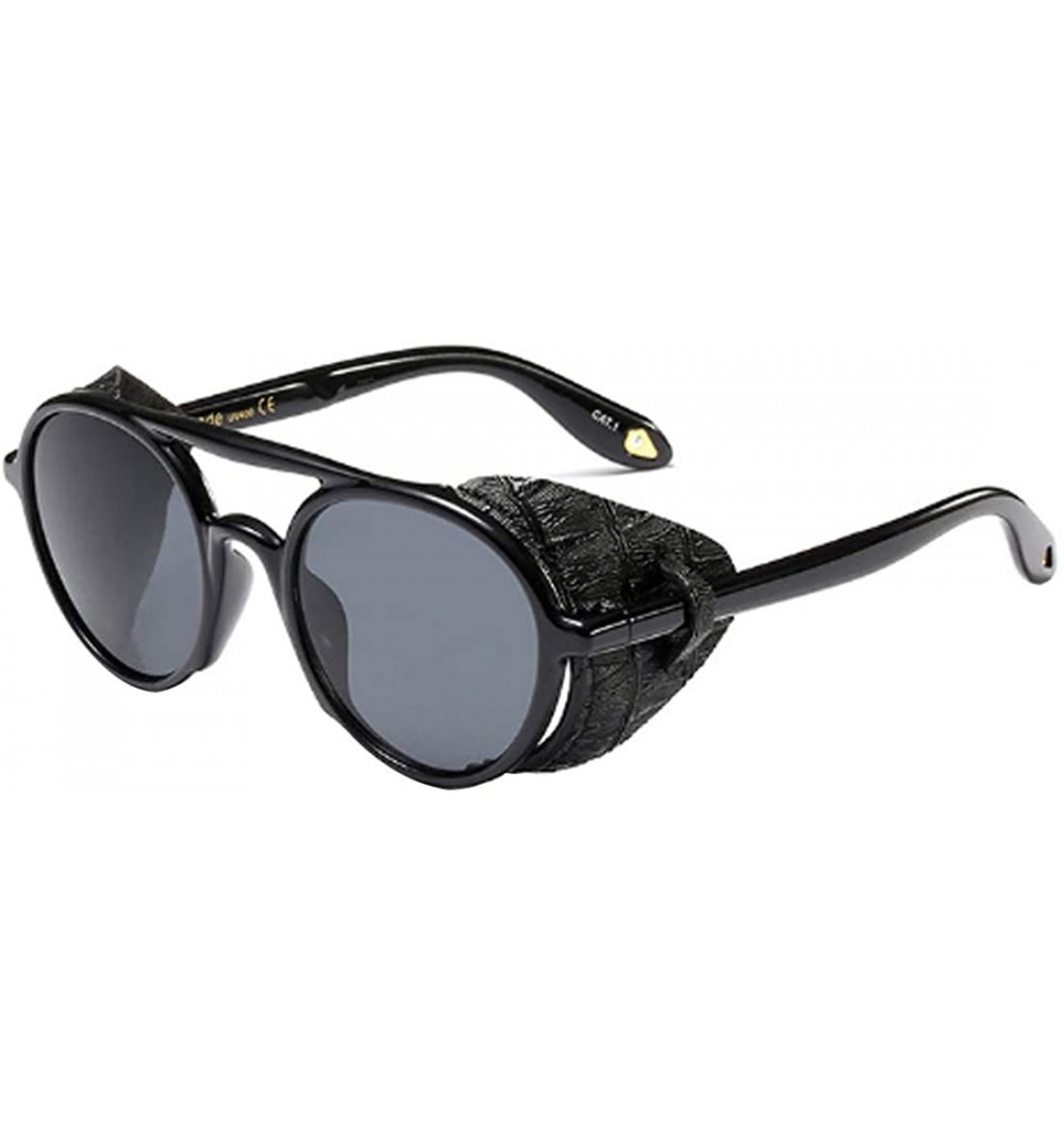 Round Women's Retro Classic Round Plastic Frame Sunglasses With Leather - Bright Black Gray - CN18W5EUYKW $28.87