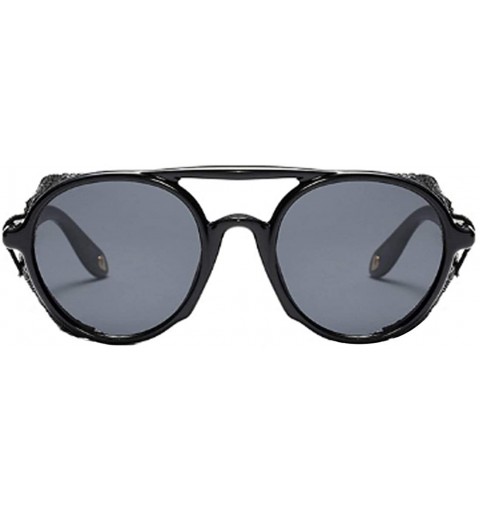 Round Women's Retro Classic Round Plastic Frame Sunglasses With Leather - Bright Black Gray - CN18W5EUYKW $28.87
