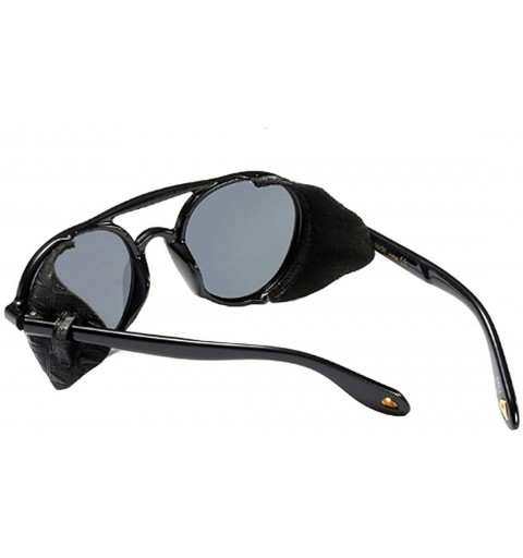 Round Women's Retro Classic Round Plastic Frame Sunglasses With Leather - Bright Black Gray - CN18W5EUYKW $28.87