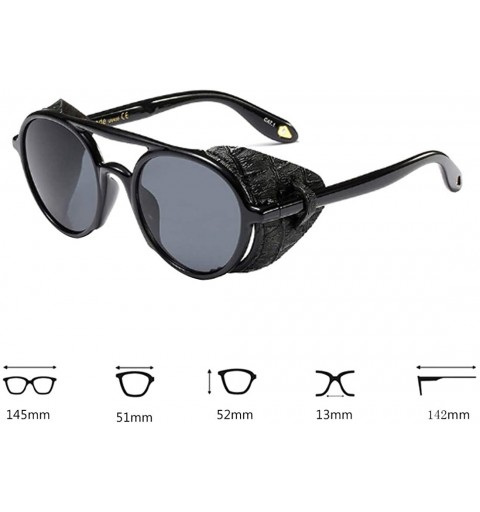 Round Women's Retro Classic Round Plastic Frame Sunglasses With Leather - Bright Black Gray - CN18W5EUYKW $28.87