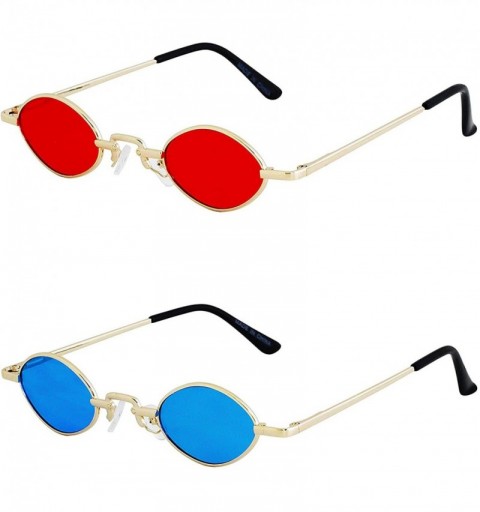 Oval Vintage Slender Oval Sunglasses Small Metal Frame Candy Colors - 2 Pack Red and Blue - C819849XQ7I $31.43