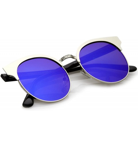 Rimless Modern Horn Rimmed Colored Mirror Flat Round Lens Half Frame Sunglasses 52mm - Silver / Blue Mirror - C817YUZRATR $10.39