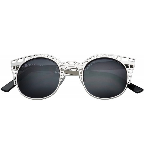 Cat Eye Women's Fashion Metal Cut Hollow Out Frame Round Cat Eye Sunglasses - Silver - Smoke - C612EPKDUV3 $7.64