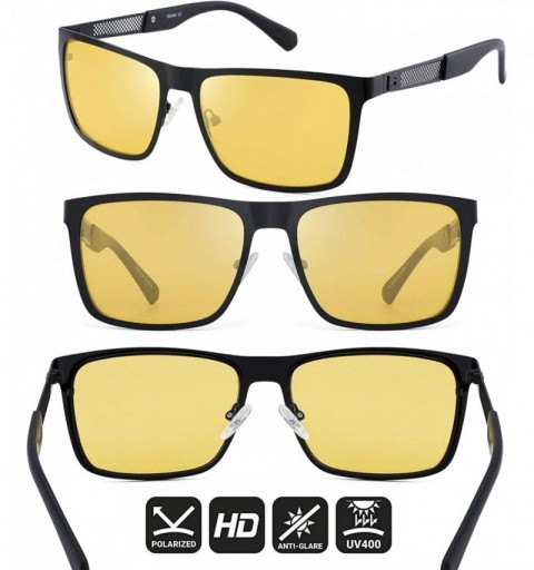 Square Night Vision Glasses for Driving Anti-glare Polarized Men Yellow HD Sunglasses - Black - CE18YE0SX8A $18.97