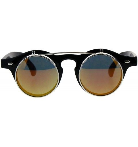Round Hipster Round Horn Rim Color Mirror Flip Up Vintage Sunglasses - Black Orange - CV18E4IH8AY $10.93