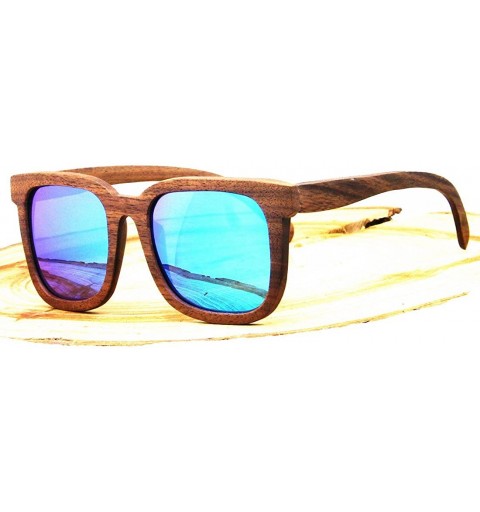 Square Polarized Real Solid Handmade Bamboo Wood Engraving Blue Sunglasses for Men & Women - Sand Brown - C118GRMWNY4 $19.44