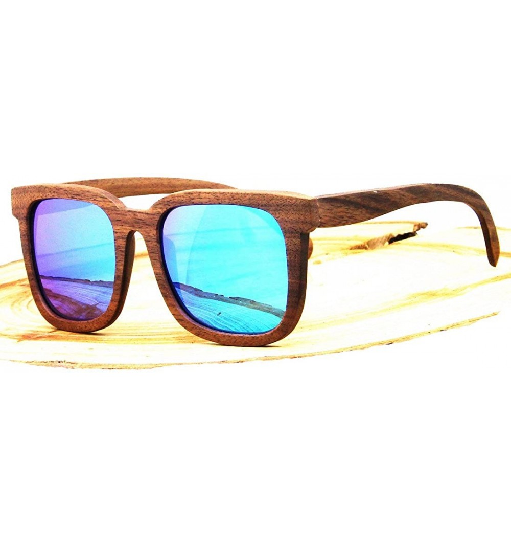 Square Polarized Real Solid Handmade Bamboo Wood Engraving Blue Sunglasses for Men & Women - Sand Brown - C118GRMWNY4 $19.44