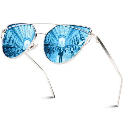 Oversized Women's Oversized Polarized Metal Frame Mirrored Cat Eye Sunglasses MT3 - A Silver Frame/Blue Mirrored Lens - C712L...