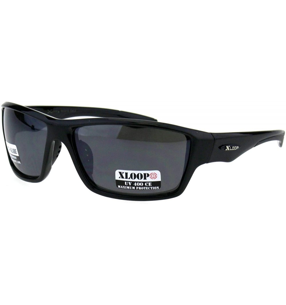 Wrap Xloop Anti-Glare Sunglasses UV 400 Wrap Around Rectangular Frame Black - Shiny Black - CL18KS2MH9A $9.47