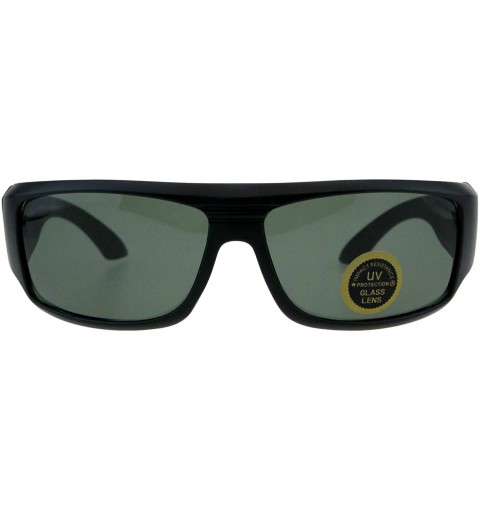 Rectangular Impact Resistance Glass Lens Sunglasses Mens Biker Rectangular Wrap Frame Black - Matte Black - CT18I7QKLXE $8.91