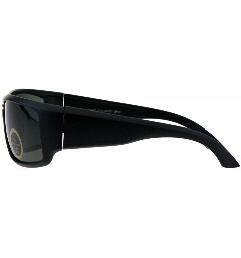 Rectangular Impact Resistance Glass Lens Sunglasses Mens Biker Rectangular Wrap Frame Black - Matte Black - CT18I7QKLXE $8.91