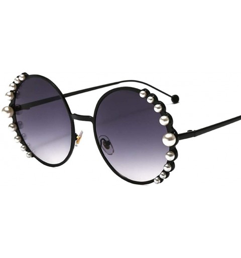 Round UV400 Pearl Sunglasses Women Metal Frame Round Sunglasses Mirror Pearl Sun Glasses - Black-gray - CO18U45Z30N $26.32