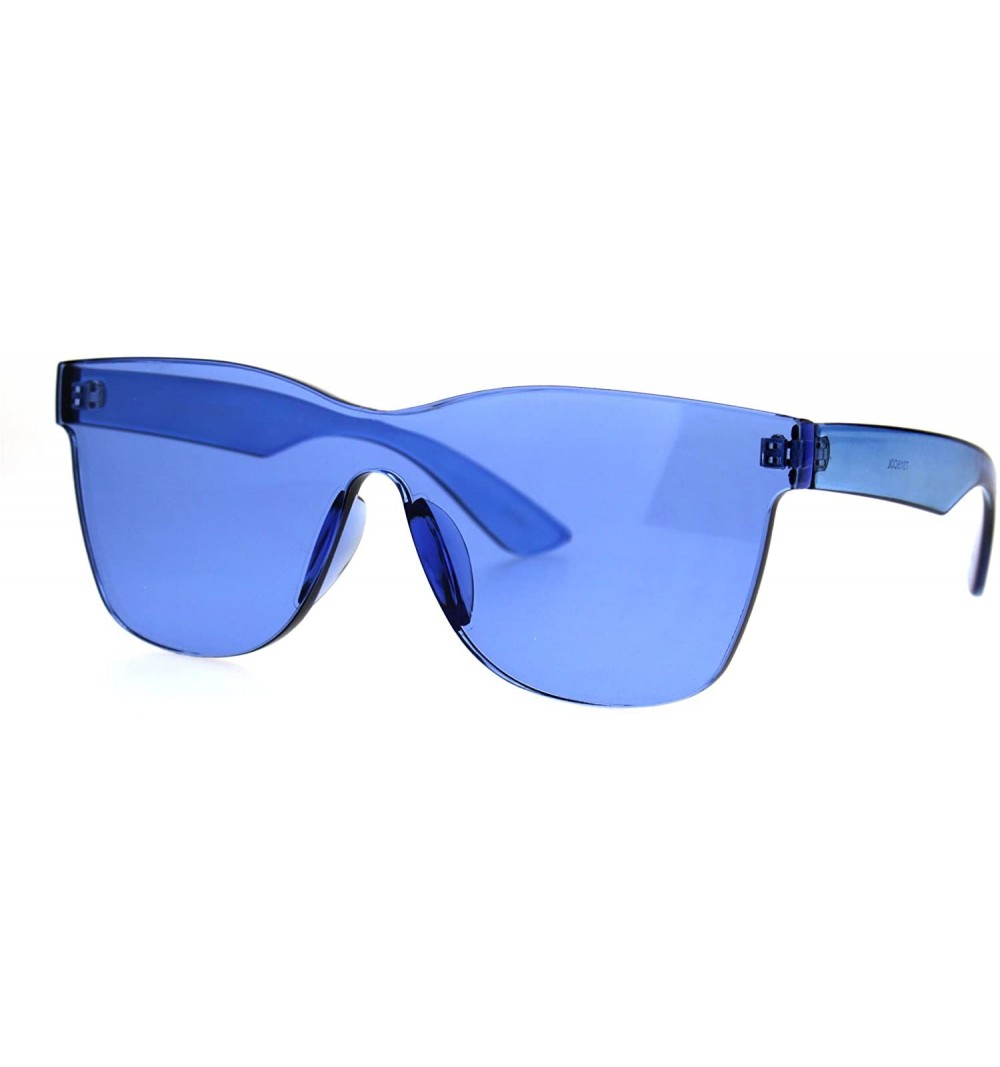 Rectangular Thick Solid Plastic Color Lens Horned Rim Panel Shield Sunglasses - Blue - C2185QEWN4G $13.27