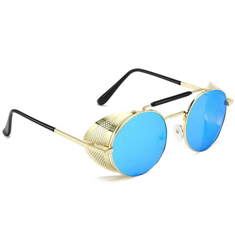 Oversized Round Sunglasses - Classic Retro Metal Steampunk Style Punk Glasses for Unisex - Gold Frame Blue Lens - CK190EY4ZW8...