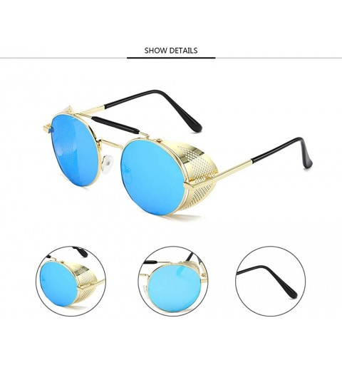 Oversized Round Sunglasses - Classic Retro Metal Steampunk Style Punk Glasses for Unisex - Gold Frame Blue Lens - CK190EY4ZW8...