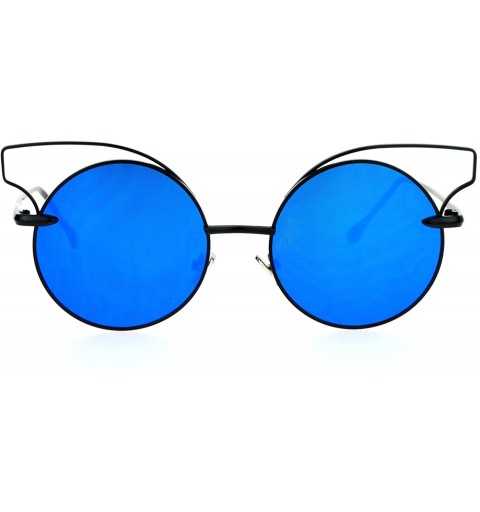 Cat Eye Mirrored Mirror Flat Lens Metal Wire Horn Rim Cat Eye Sunglasses - Black Blue - CU12DUJWKVB $12.12