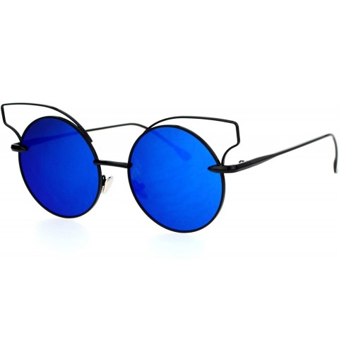 Cat Eye Mirrored Mirror Flat Lens Metal Wire Horn Rim Cat Eye Sunglasses - Black Blue - CU12DUJWKVB $12.12