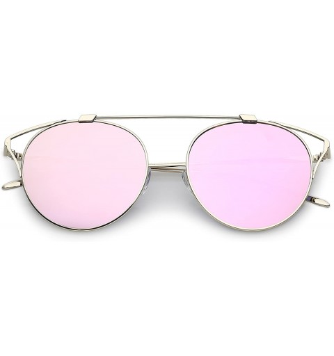 Cat Eye Modern Cutout Metal Crossbar Round Mirrored Flat Lens Cat Eye Sunglasses 55mm - Gold / Pink Mirror - CN183D79IDU $10.04