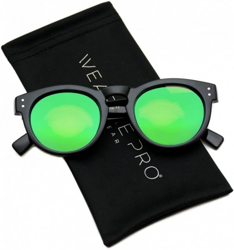 Oversized Vintage Inspired Mirror Lens Round Horned Rim Frame Retro Sunglasses - Black / Mirror Green - CF125R2LI8P $25.31