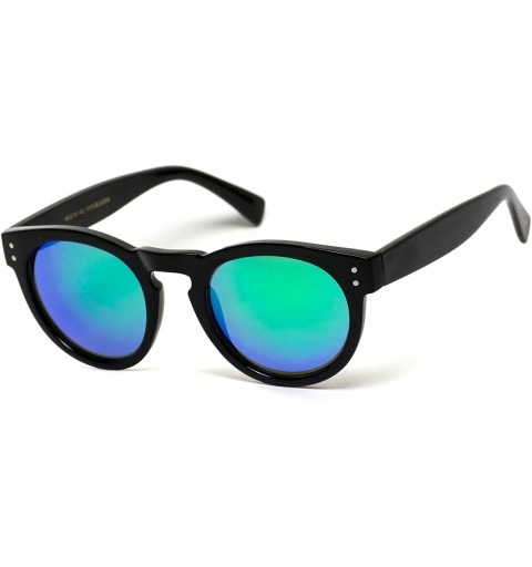 Oversized Vintage Inspired Mirror Lens Round Horned Rim Frame Retro Sunglasses - Black / Mirror Green - CF125R2LI8P $14.20