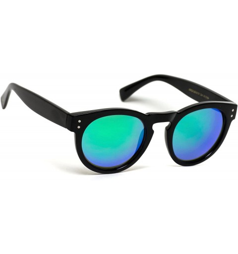Oversized Vintage Inspired Mirror Lens Round Horned Rim Frame Retro Sunglasses - Black / Mirror Green - CF125R2LI8P $14.20