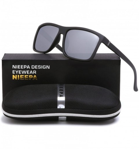 Square Men's Sports Polarized Sunglasses Square Frame Glasses - White Silver Lens/Black Frame - CY186C527NX $23.69