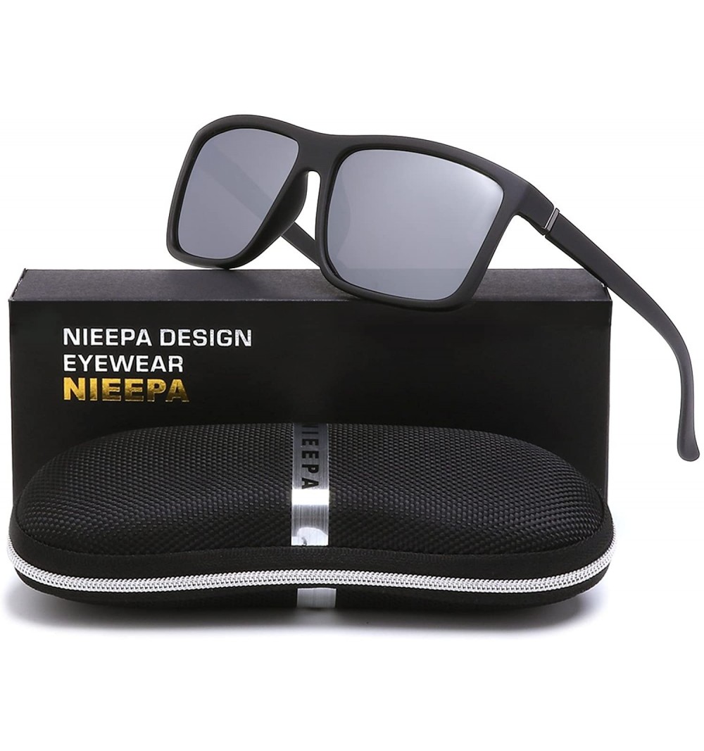 Square Men's Sports Polarized Sunglasses Square Frame Glasses - White Silver Lens/Black Frame - CY186C527NX $11.56