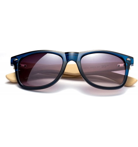 Wayfarer "Soul" Modern Retro Fashion Real Bamboo Sunglasses with Flash Lenses - Blue/Light Bamboo - C312M1OC9Z3 $9.47