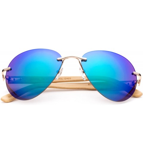 Oversized Bamboo Arm Oversized Rimless Aviator Sunglasses with Flash Lens Bamboo Sunglasses for Men & Women - Green Flash - C...