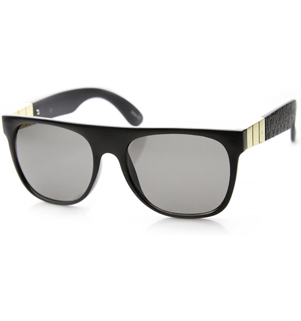 Wayfarer Retro Metal Accent Faux Leather Temple Flat Top Sunglasses - Matte-black-gold Smoke - C611YEJ76OX $10.72