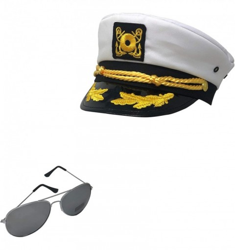 Aviator Authentic White Yacht Skipper Sailor Captain's Hat with Silver Aviator Sunglasses - CV195OEN3RX $12.59