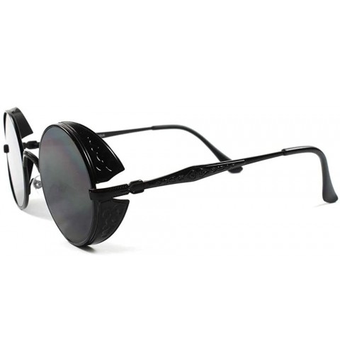 Shield Vintage Retro Side Shields Steampunk Round Sunglasses - Black - CK188ORYU52 $36.36