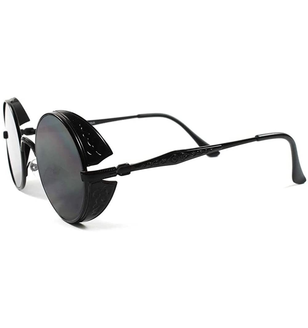 Shield Vintage Retro Side Shields Steampunk Round Sunglasses - Black - CK188ORYU52 $16.75
