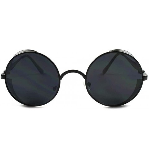 Shield Vintage Retro Side Shields Steampunk Round Sunglasses - Black - CK188ORYU52 $36.77