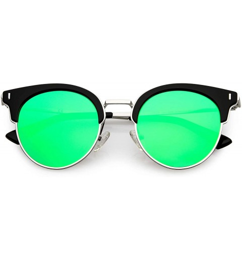 Cat Eye Polarized Semi Rimless Cat Eye Sunglasses For Women Round Mirrored Lens 49mm - Black / Green Mirror - CH12N2FW2K1 $22.85