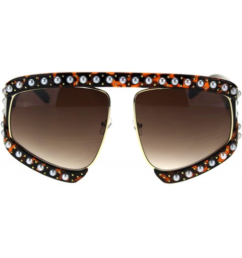 Oversized Pearl Jewel Stud Flat Top Oversize Mob Celebrity Sunglasses - Tortoise Gradient Brown - CJ18TI2XCUK $10.74
