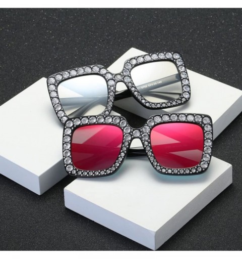 Oversized Oversized Square Sunglasses Unisex Crystal Rhinestone Thick Frame Sunglasses - Red - CA180A59S7I $9.52