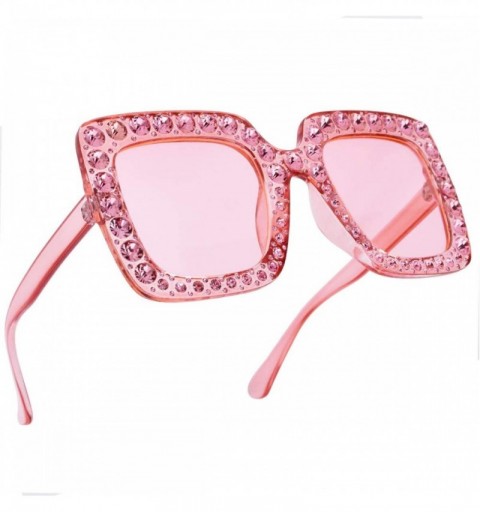 Round Elton Square Diamond Rhinestone Sunglasses Novelty Oversized Celebrity Shades - Pink Frame/Pink Tinted Lens - CI188TH2S...