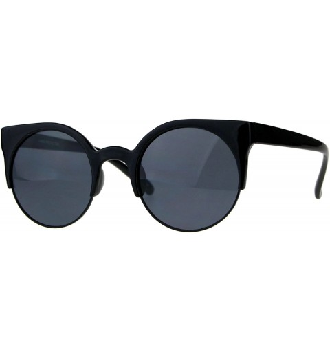 Cat Eye Womens Round Circle Lens Half Rim Cat Eye Retro Sunglasses - Solid All Black - CA18CMLE30I $11.80