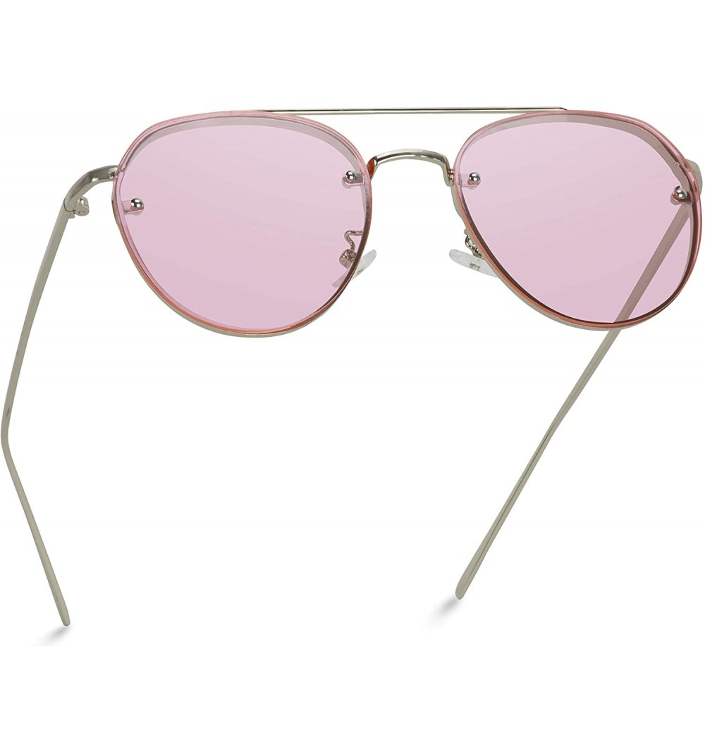 Rimless New Round Aviator Design Metal Frame Designer Inspired Sunglasses - Silver Frame/Tinted Pink Lens - CX184XLC540 $15.61