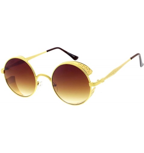 Oversized SteamPunk Shield Brow Fashion Round Frame Sunglasses - Brown - CA18UDQ8Y2E $11.38