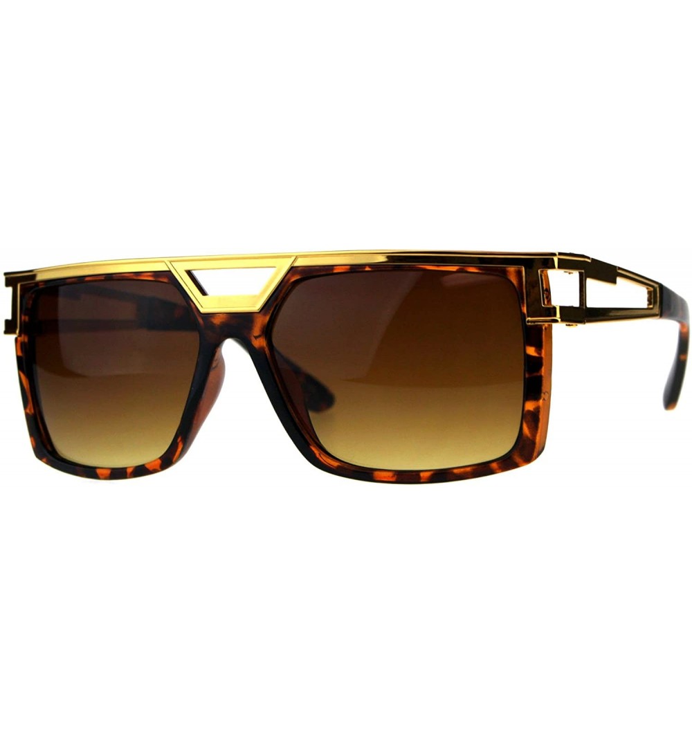 Rectangular Mens Designer Fashion Sunglasses Flat Metal Top Square Rectangular Shades - Yellow Gold Tortoise (Brown) - C518DZ...