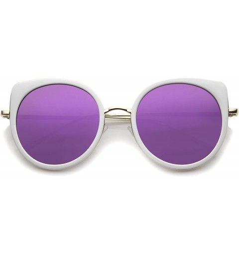 Cat Eye Women's Slim Temples Colored Mirror Flat Lens Round Cat Eye Sunglasses 54mm - White-gold / Purple Mirror - CY12MXZLK6...