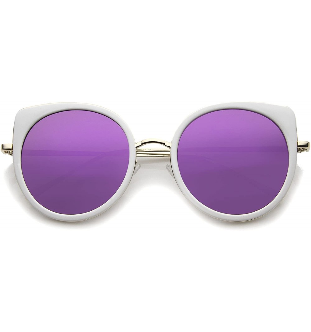 Cat Eye Women's Slim Temples Colored Mirror Flat Lens Round Cat Eye Sunglasses 54mm - White-gold / Purple Mirror - CY12MXZLK6...